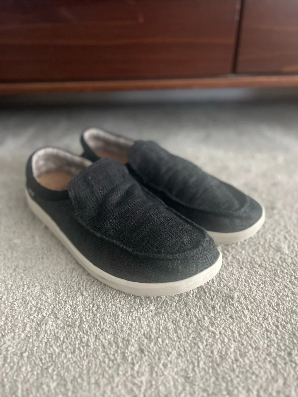 Sanuk Black Canvas Slip-On Loafers with White Sole